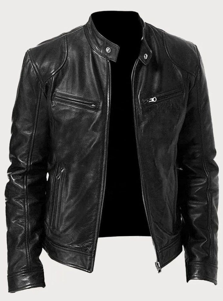 Men's Tailored-Fit Zip-Up Faux Leather Casual Jacket - Black
