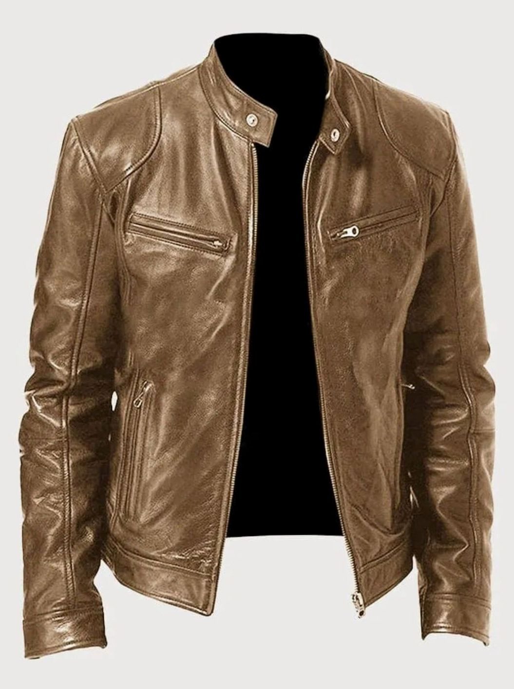 Men's Tailored-Fit Zip-Up Faux Leather Casual Jacket - Beige