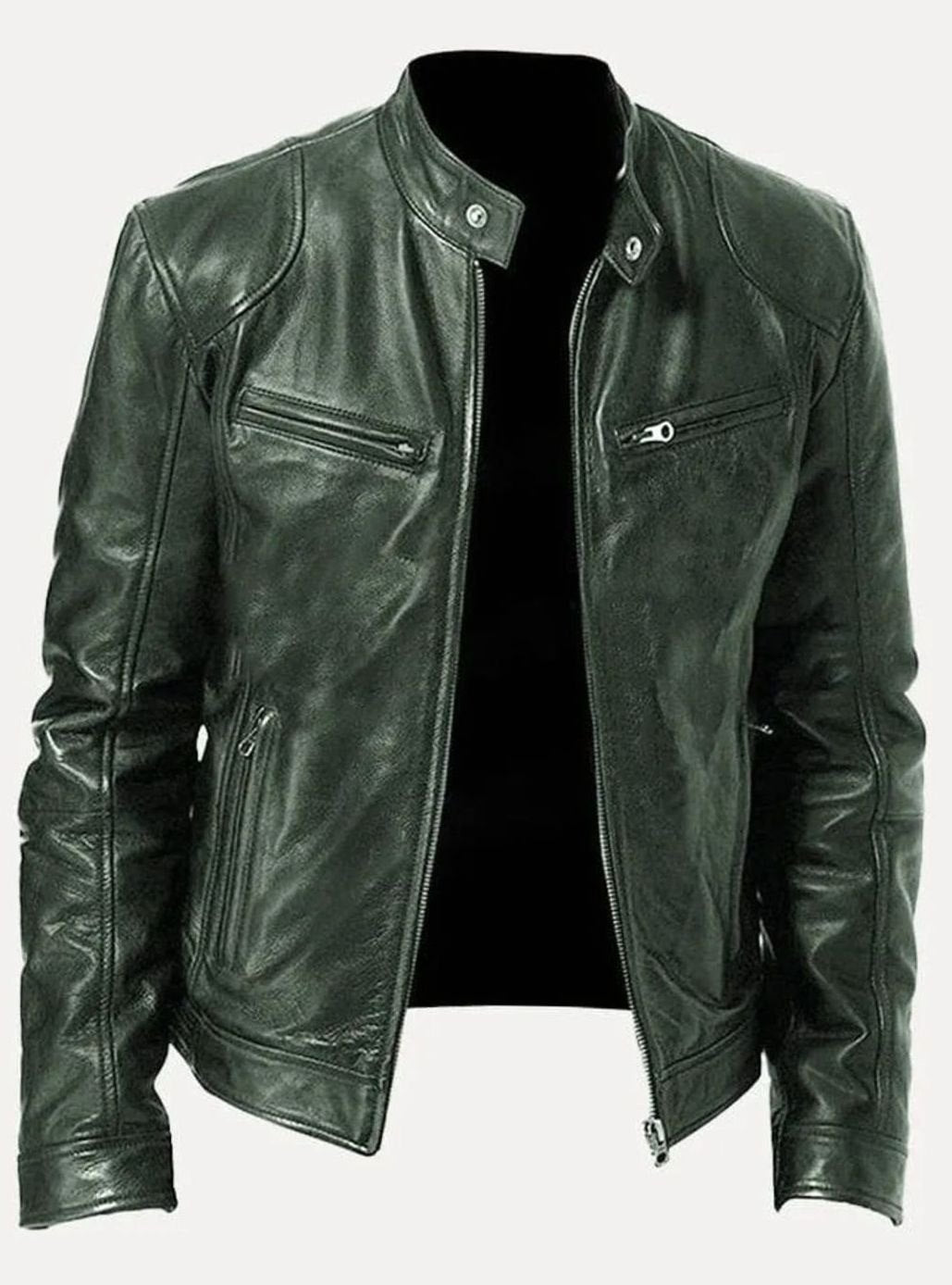 Men's Tailored-Fit Zip-Up Faux Leather Casual Jacket - Green