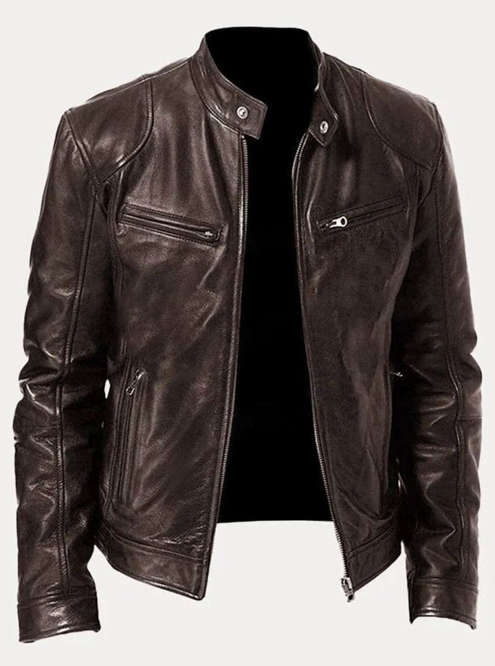 Men's Tailored-Fit Zip-Up Faux Leather Casual Jacket - Brown