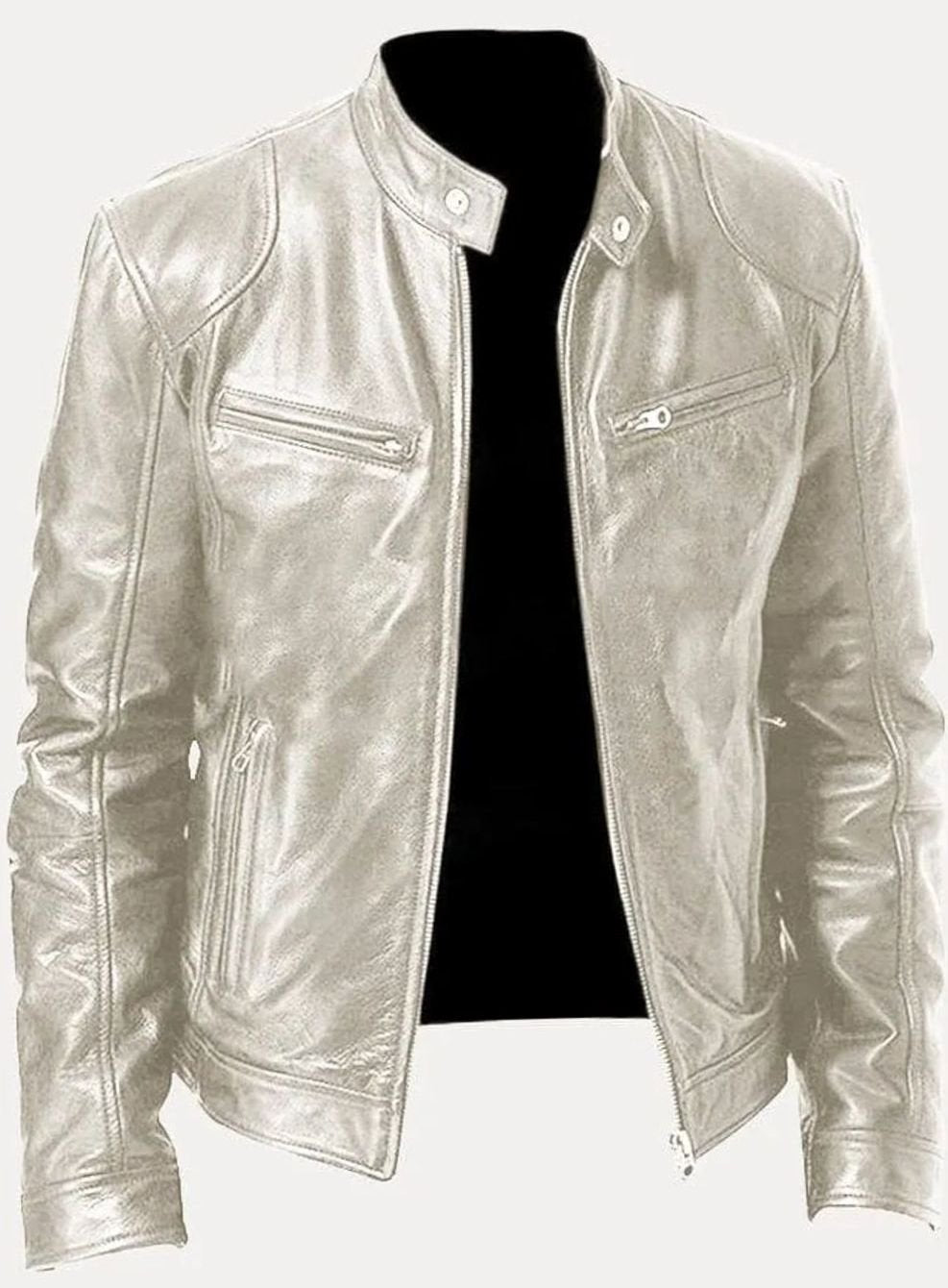 Men's Tailored-Fit Zip-Up Faux Leather Casual Jacket - Silver