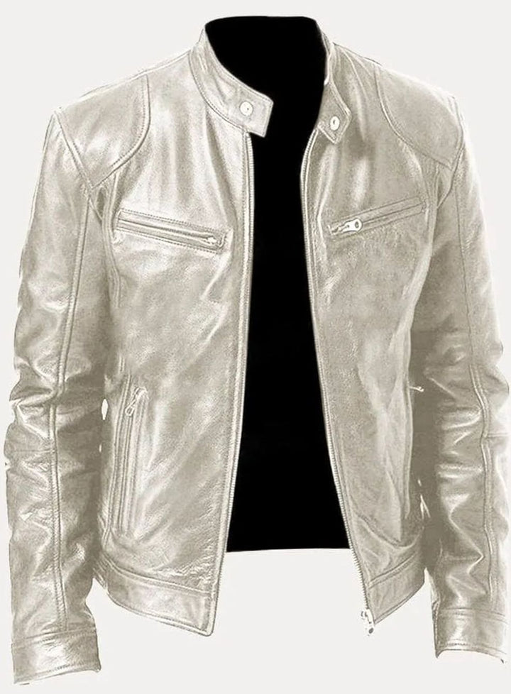 Men's Tailored-Fit Zip-Up Faux Leather Casual Jacket - Silver