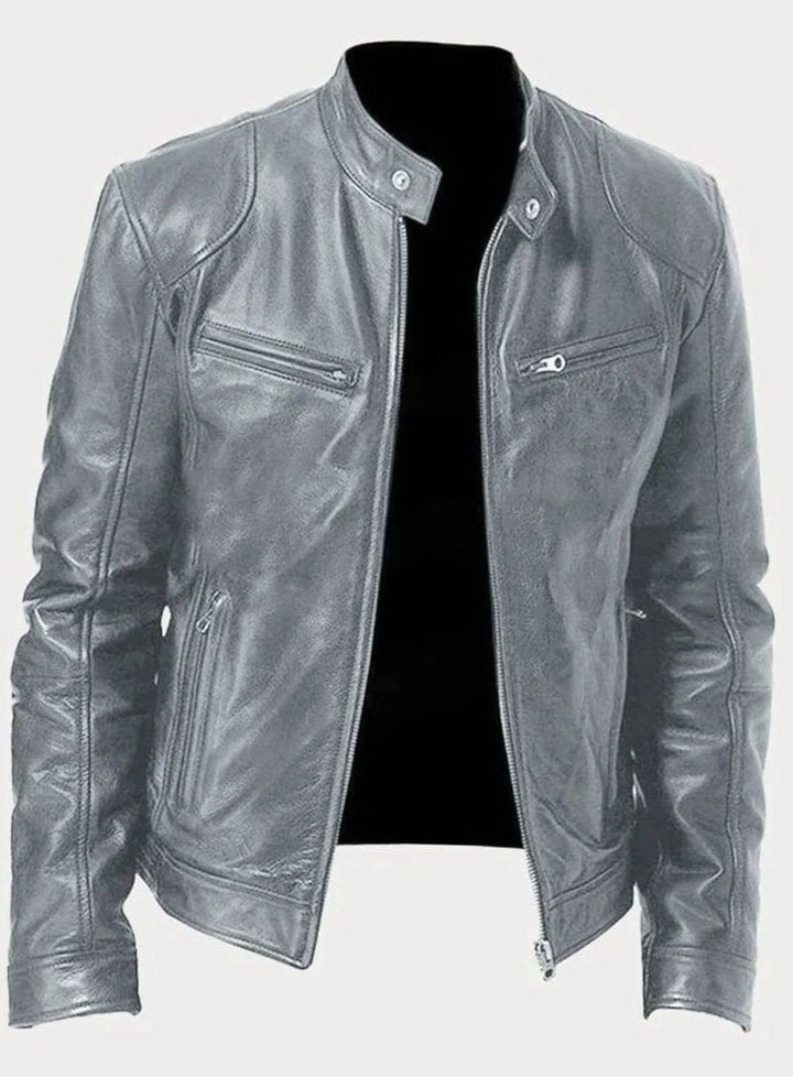 Men's Tailored-Fit Zip-Up Faux Leather Casual Jacket - Gray