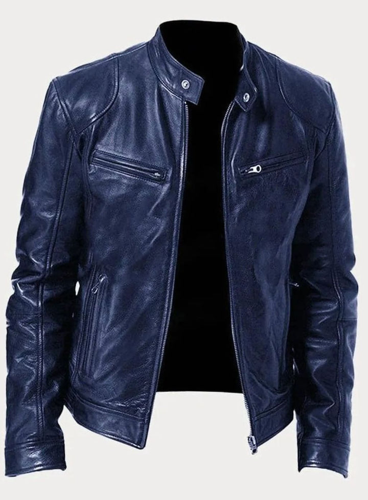Men's Tailored-Fit Zip-Up Faux Leather Casual Jacket - Navy