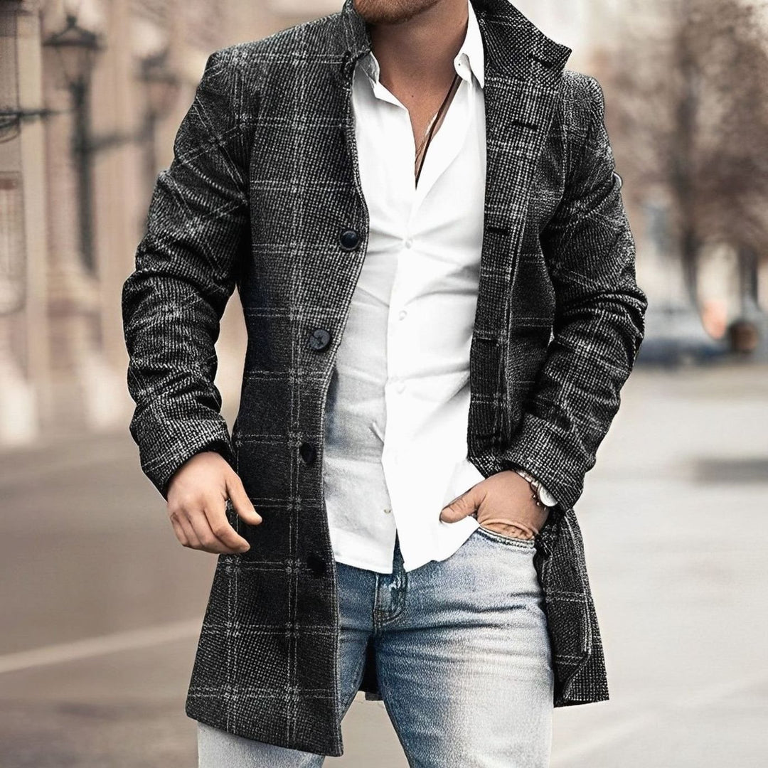 Men's Tailored Long Button-Up Coat Notch-Lapel Overcoat - Black
