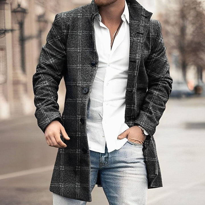 Men's Tailored Long Button-Up Coat Notch-Lapel Overcoat - Black