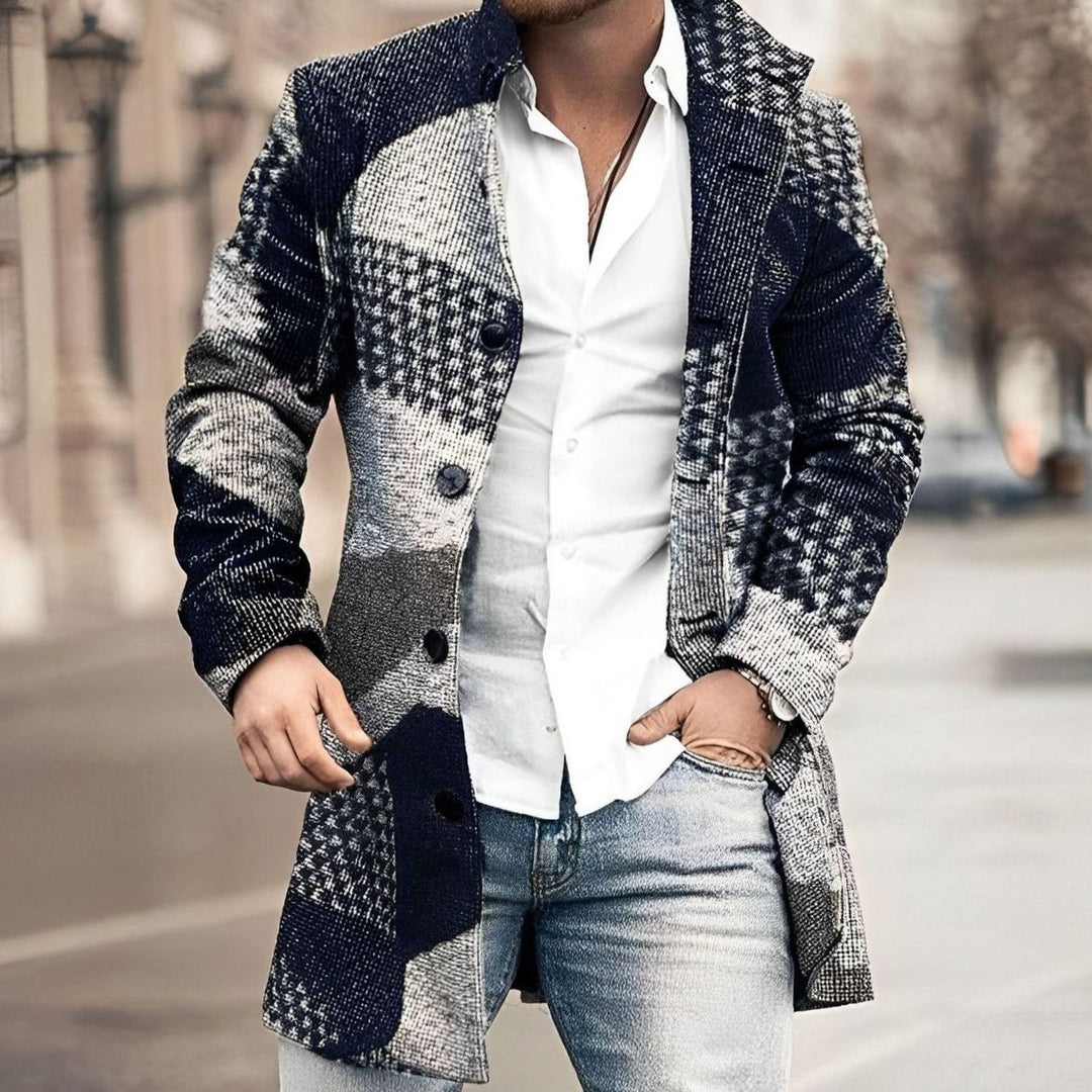 Men's Tailored Long Button-Up Coat Notch-Lapel Overcoat - Dark Blue