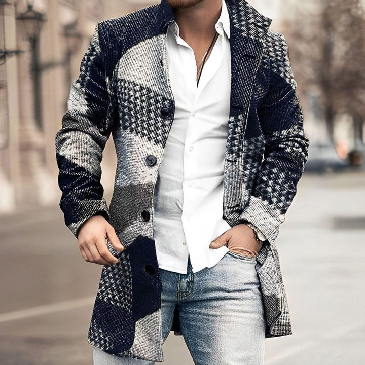 Men's Tailored Long Button-Up Coat Notch-Lapel Overcoat - Dark Blue