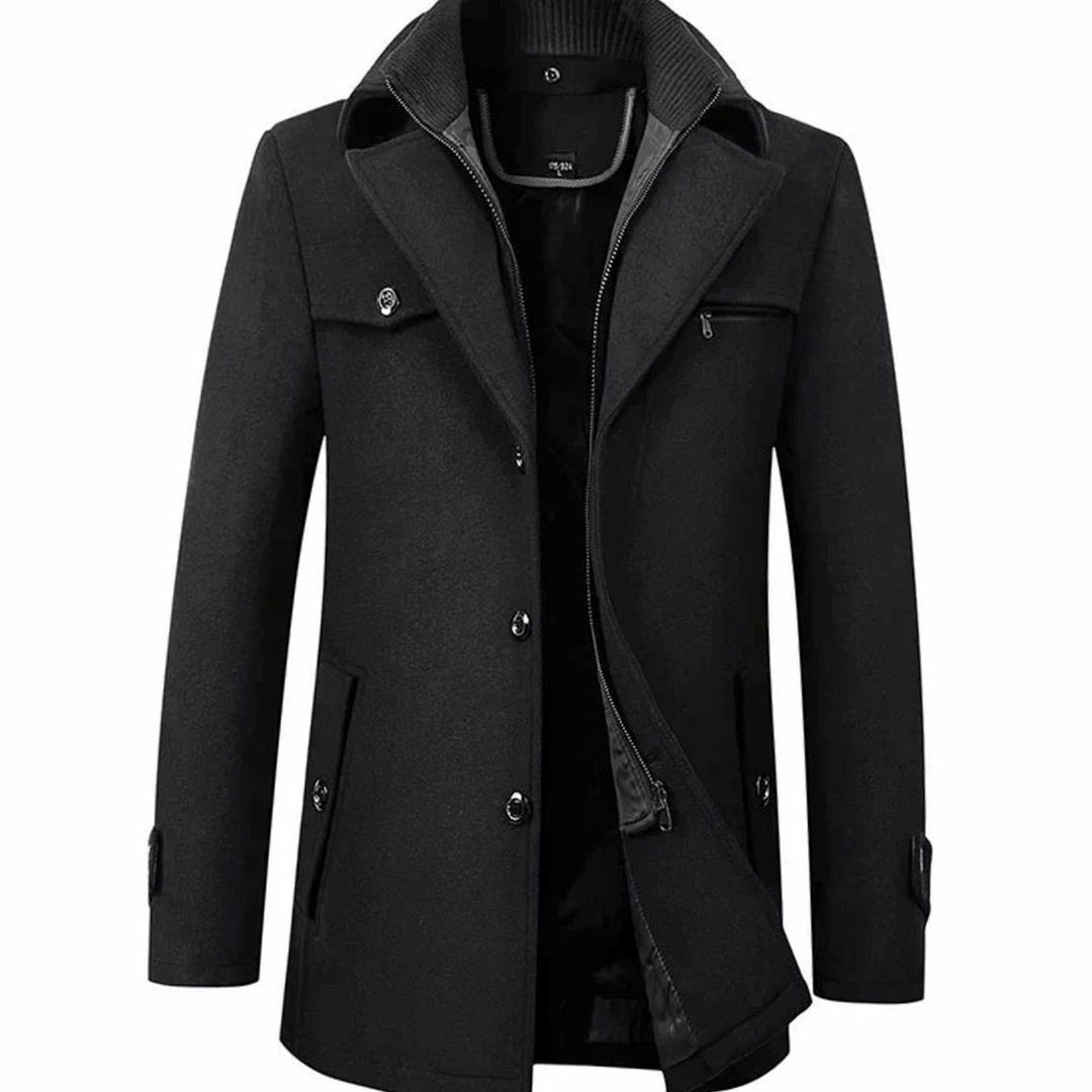 Men's Tailored Single-Breasted Winter Button Overcoat - Black