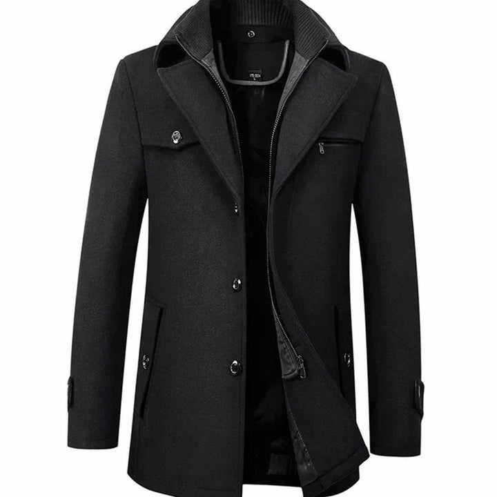 Men's Tailored Single-Breasted Winter Button Overcoat - Black