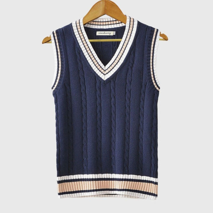 Men's V-Neck Cable Knit Striped Sweater Vest - Blue