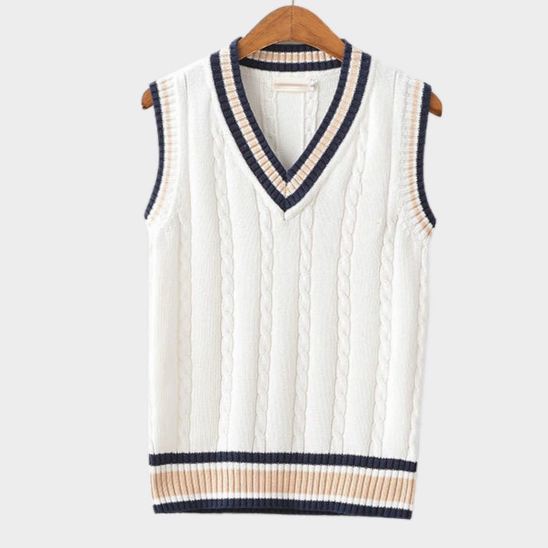 Men's V-Neck Cable Knit Striped Sweater Vest - White