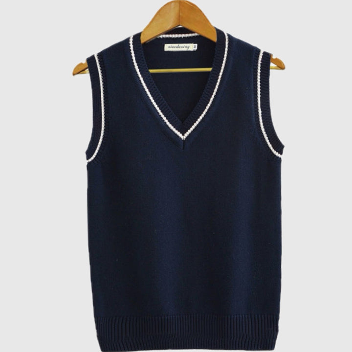 Men's V-Neck Cable Knit Striped Sweater Vest - Navy Blue