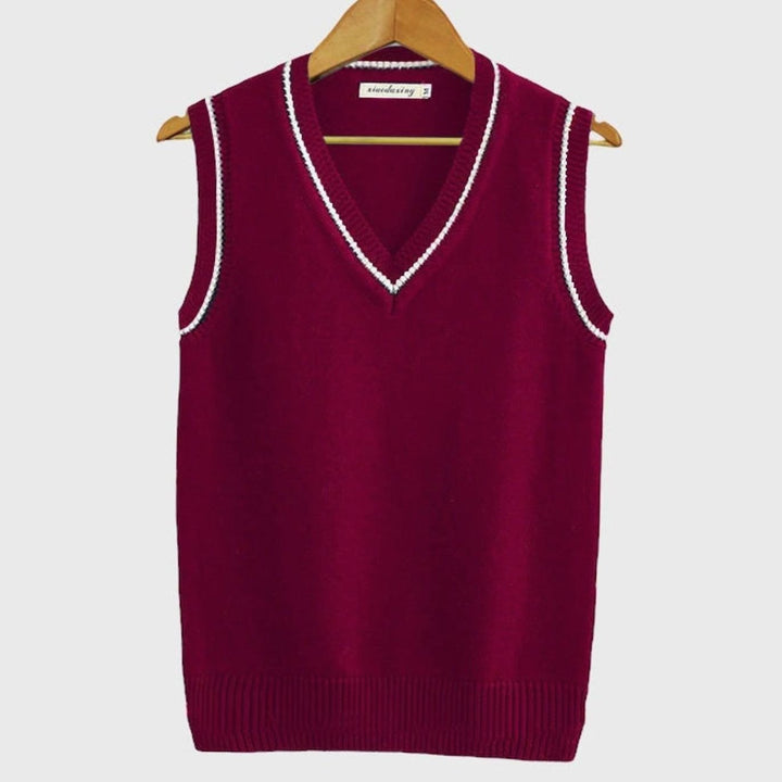 Men's V-Neck Cable Knit Striped Sweater Vest - Red