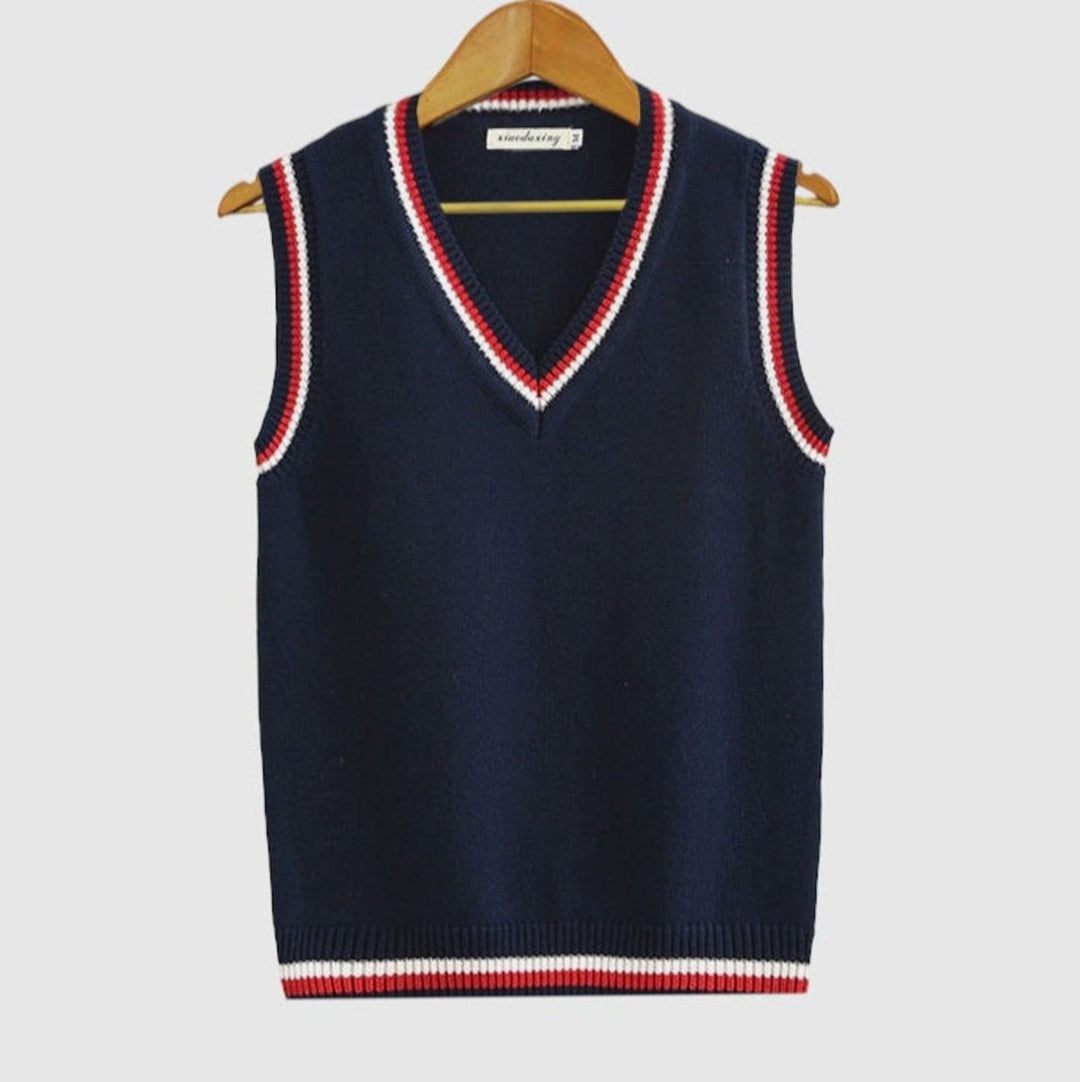 Men's V-Neck Cable Knit Striped Sweater Vest - Dark Blue