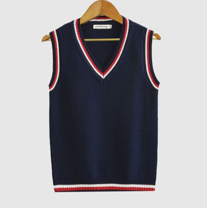 Men's V-Neck Cable Knit Striped Sweater Vest - Dark Blue