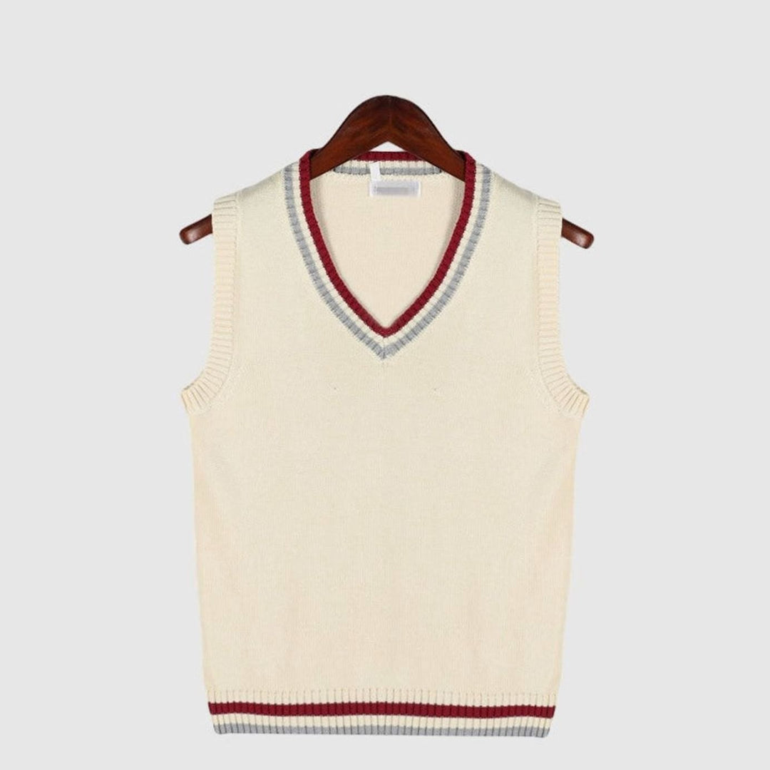 Men's V-Neck Cable Knit Striped Sweater Vest - Beige