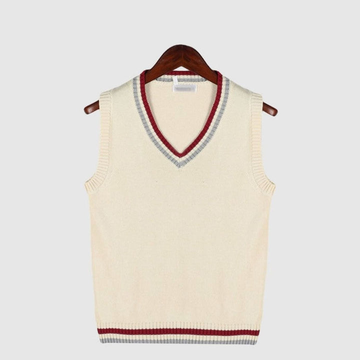 Men's V-Neck Cable Knit Striped Sweater Vest - Beige