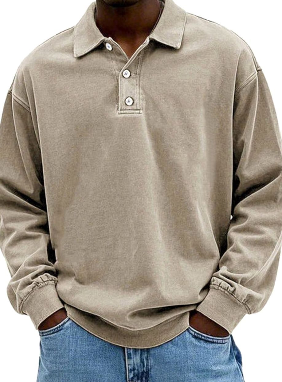 Men's Vintage Relaxed-Fit Long Sleeve Polo Shirt - Khaki