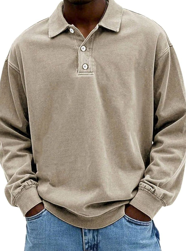 Men's Vintage Relaxed-Fit Long Sleeve Polo Shirt - Khaki