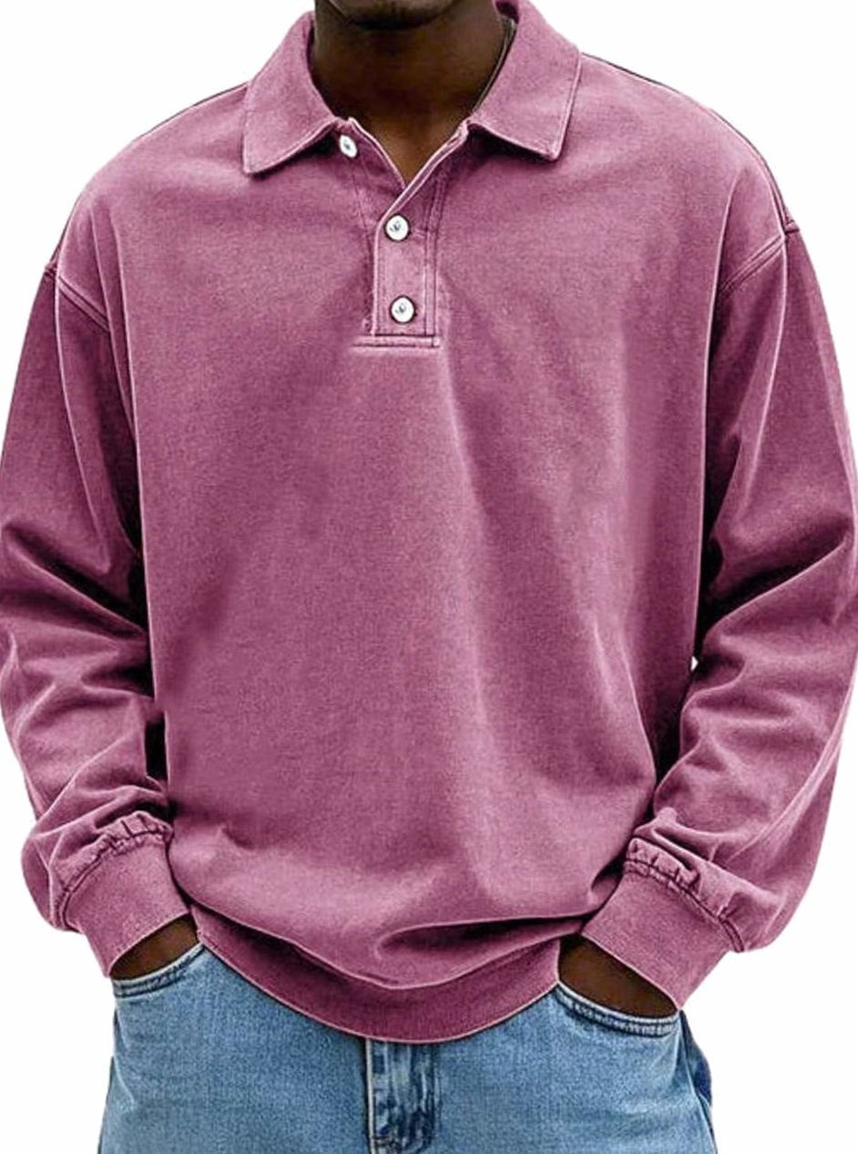 Men's Vintage Relaxed-Fit Long Sleeve Polo Shirt - Pink