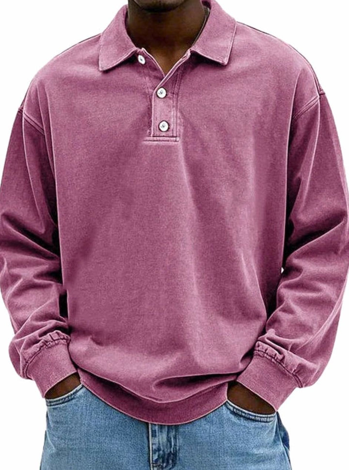 Men's Vintage Relaxed-Fit Long Sleeve Polo Shirt - Pink