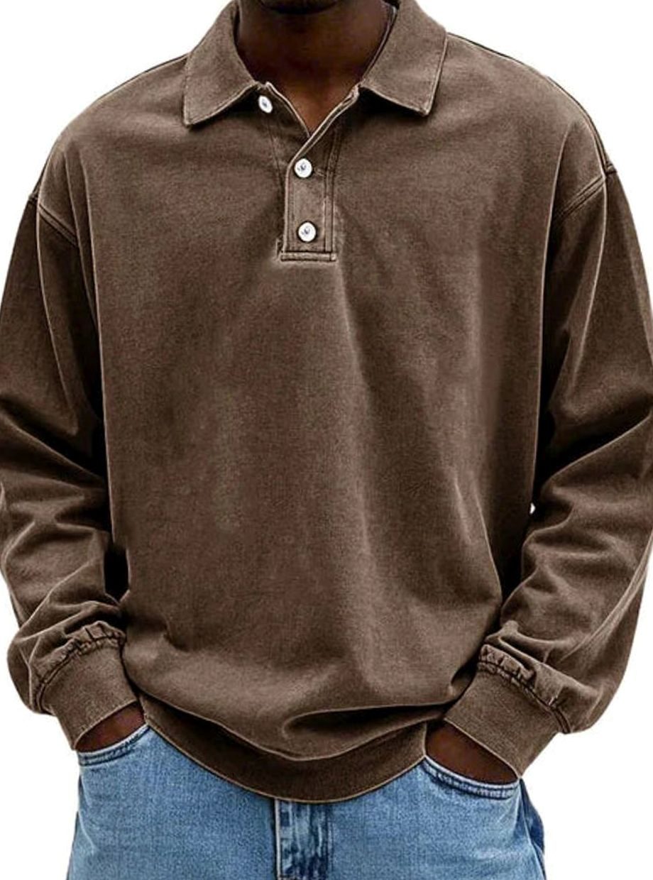 Men's Vintage Relaxed-Fit Long Sleeve Polo Shirt - Brown