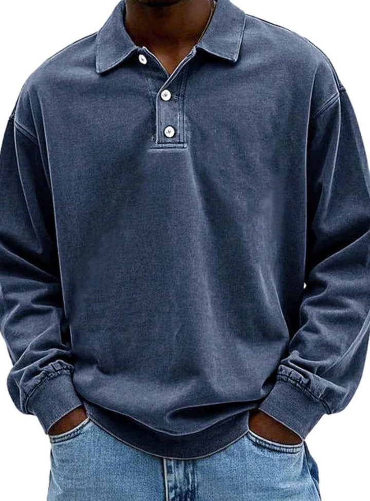 Men's Vintage Relaxed-Fit Long Sleeve Polo Shirt - Navy Blue