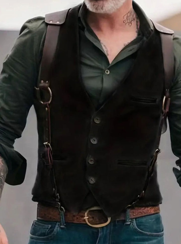 Men's Western Faux-Suede Button-Front Look Vest Leather Strap Accents - Black