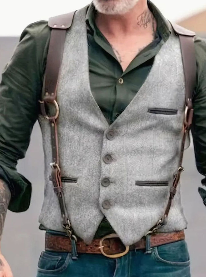 Men's Western Faux-Suede Button-Front Look Vest Leather Strap Accents - Light Grey