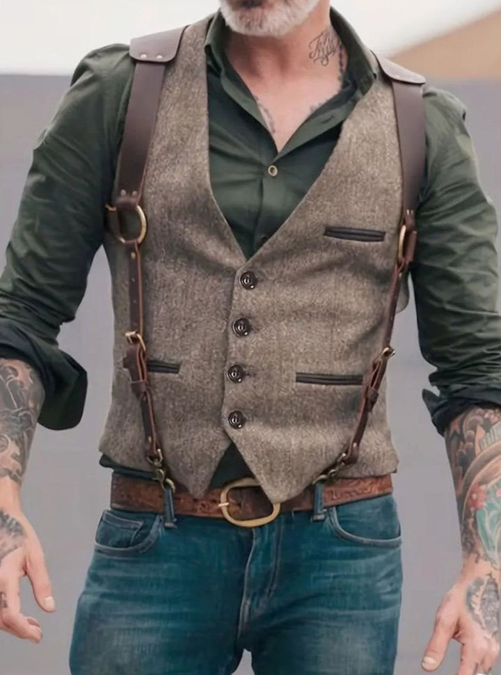Men's Western Faux-Suede Button-Front Look Vest Leather Strap Accents - Light Brown