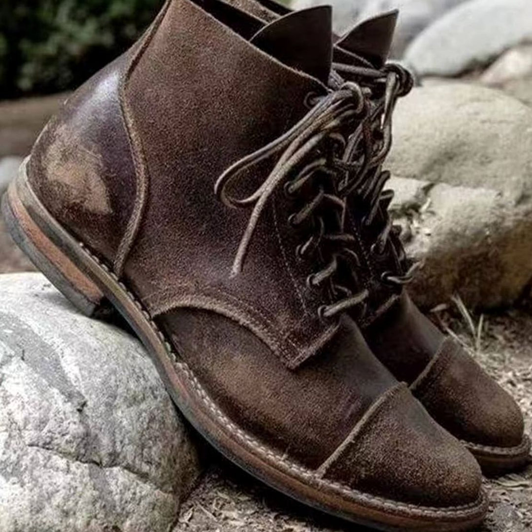 Men's Winter Leather Lace-Up Boots Rugged Ankle Cap-Toe - Dark Brown