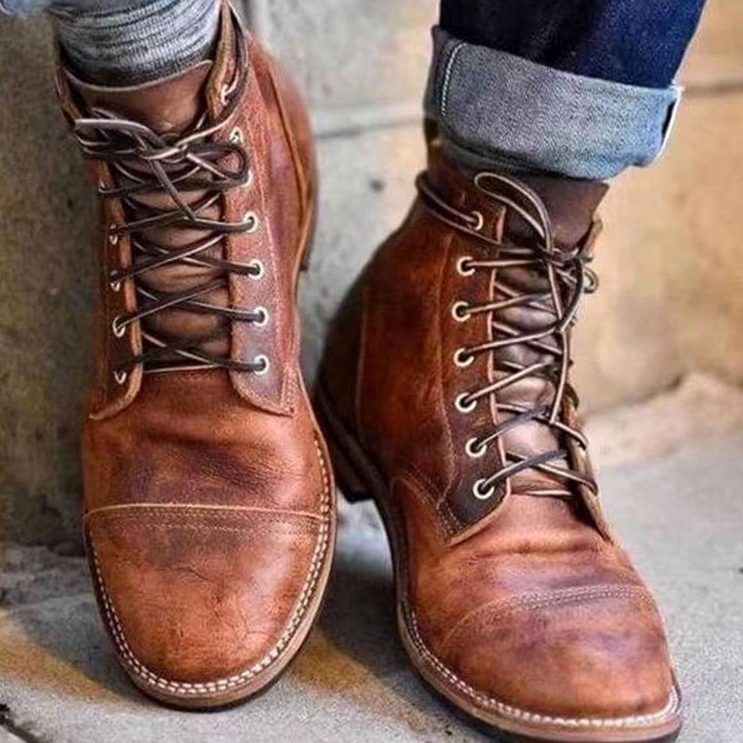 Men's Winter Leather Lace-Up Boots Rugged Ankle Cap-Toe - Light Brown