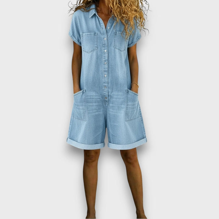 Joan | Vintage Short Cotton Denim-Look Overalls
