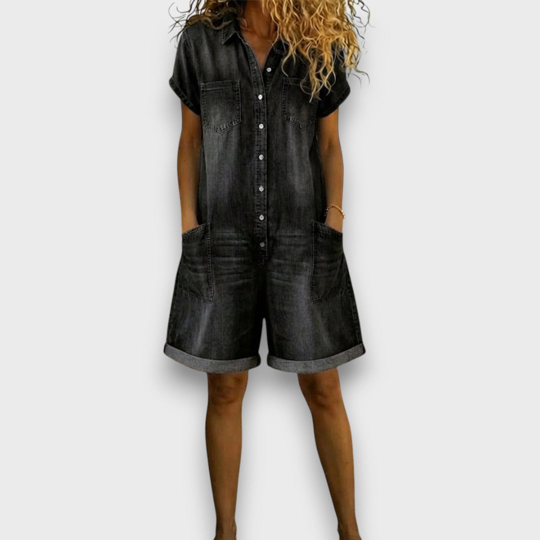 Joan | Vintage Short Cotton Denim-Look Overalls