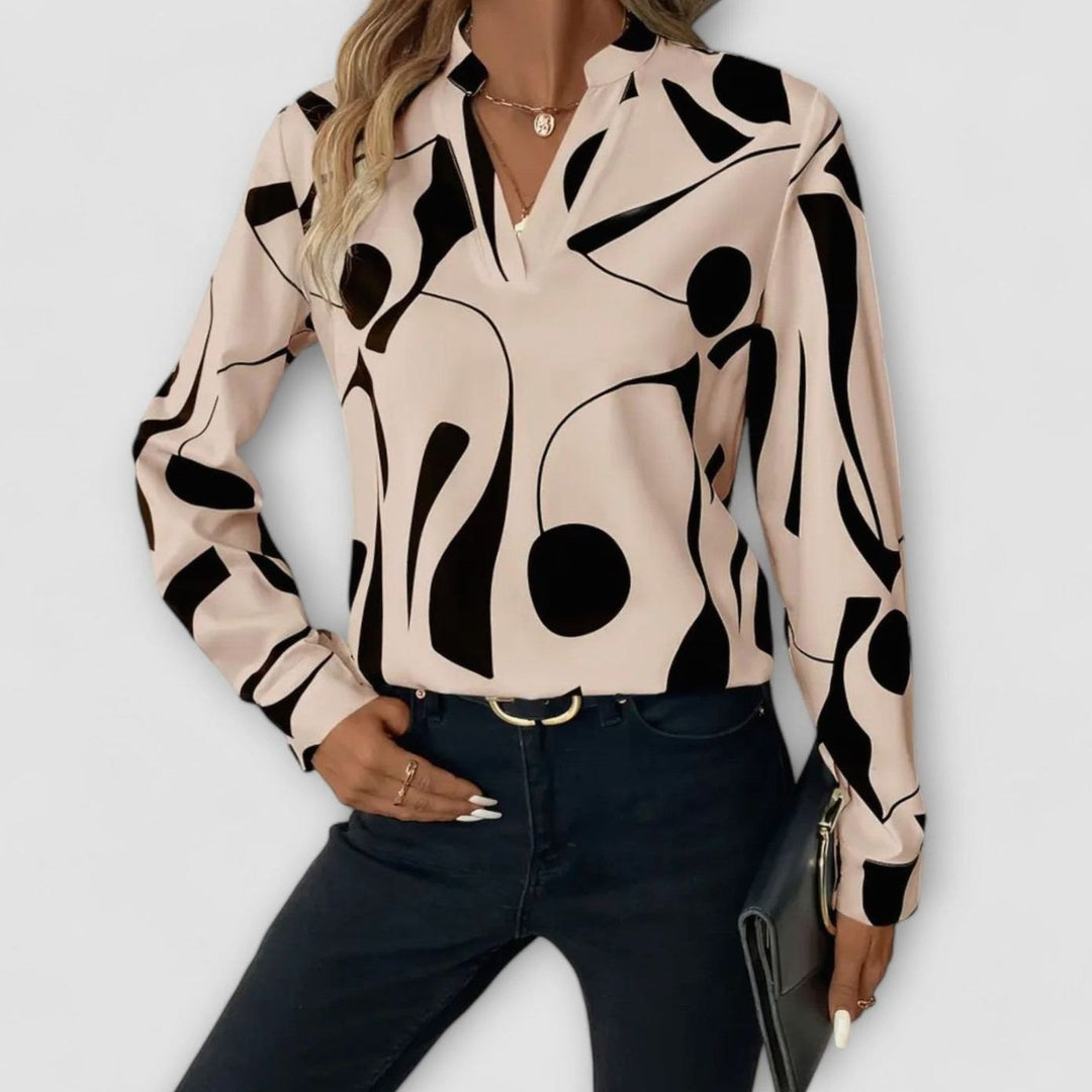 Women's Abstract Print Long-Sleeve Elegant Blouse Split V-Neck - Beige