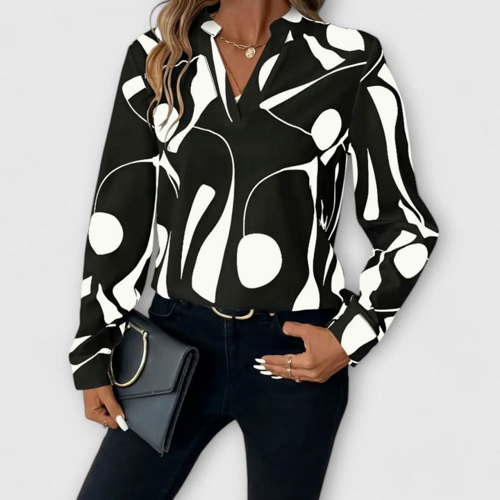 Women's Abstract Print Long-Sleeve Elegant Blouse Split V-Neck - Black