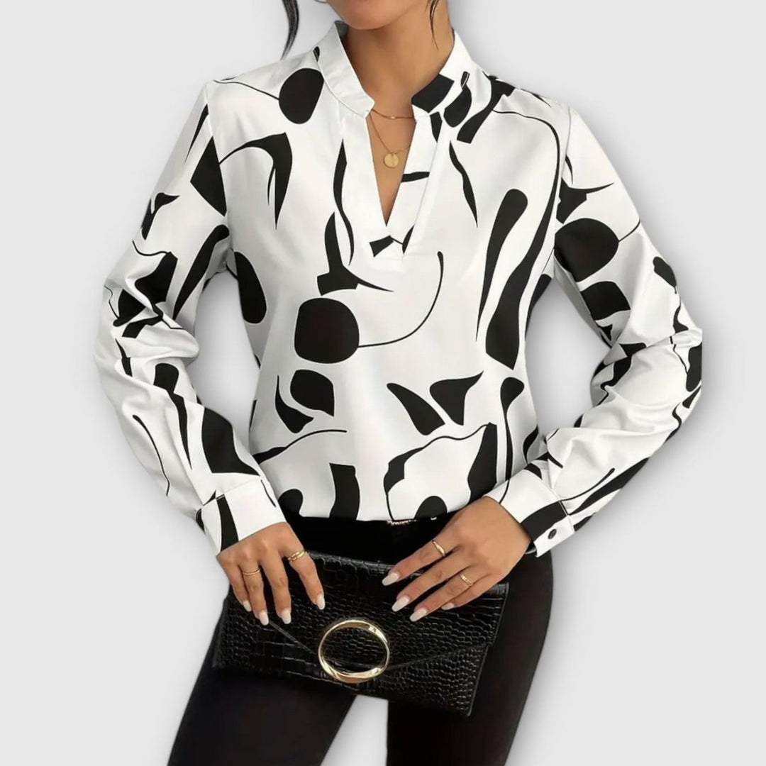 Women's Abstract Print Long-Sleeve Elegant Blouse Split V-Neck - White