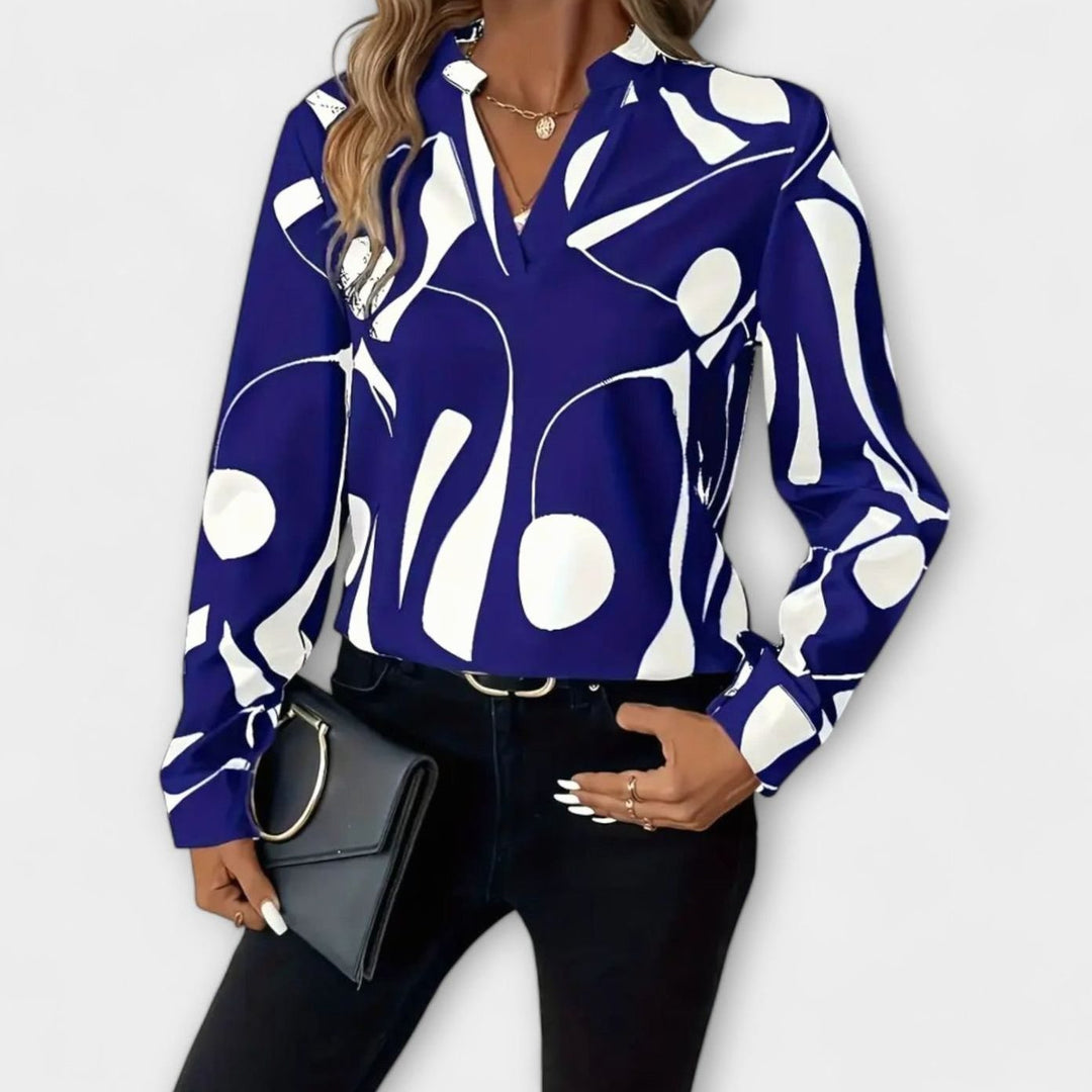 Women's Abstract Print Long-Sleeve Elegant Blouse Split V-Neck - Blue