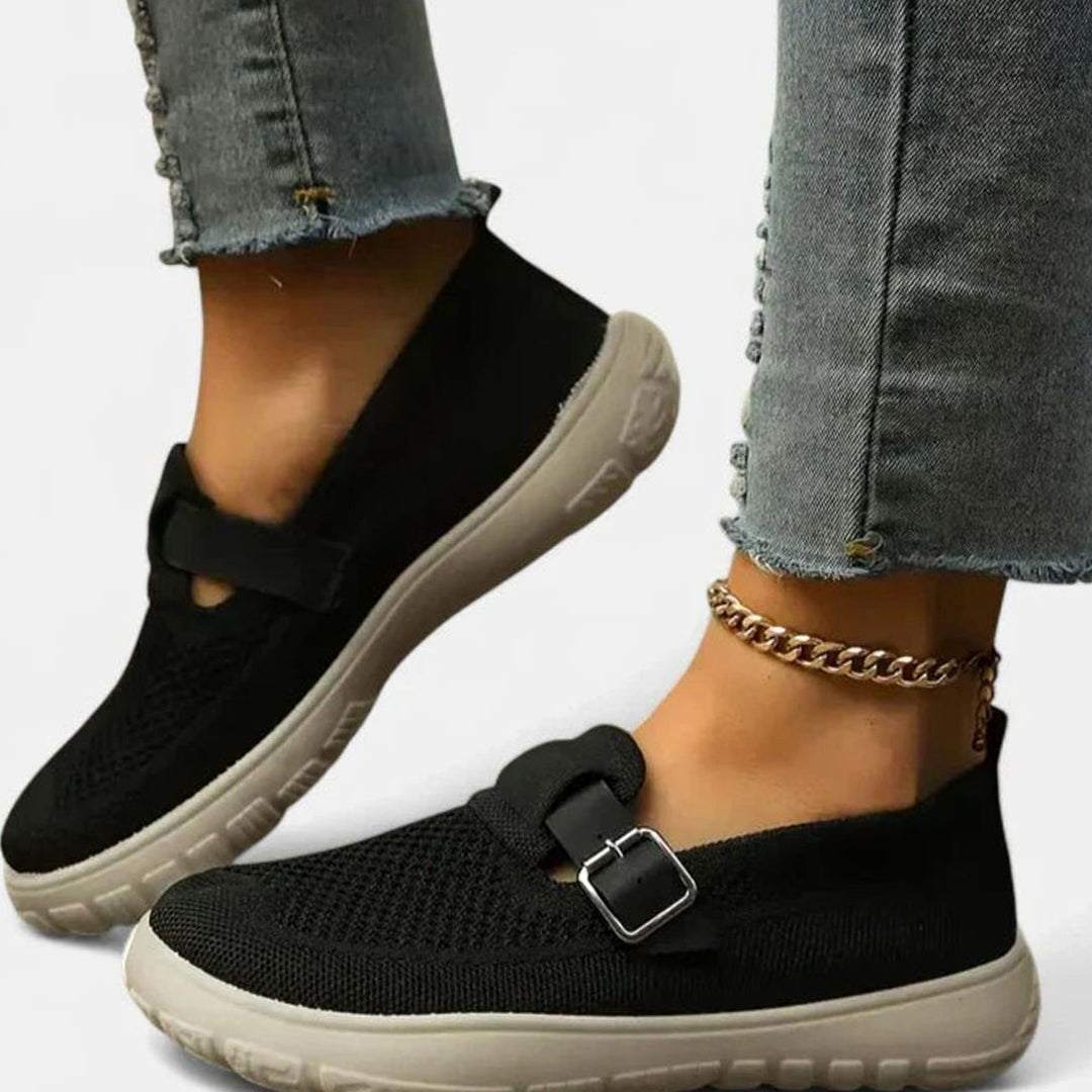 Women's Arch-Support Loafers Knit Slip-On Buckle Strap Flat Sneakers - Black