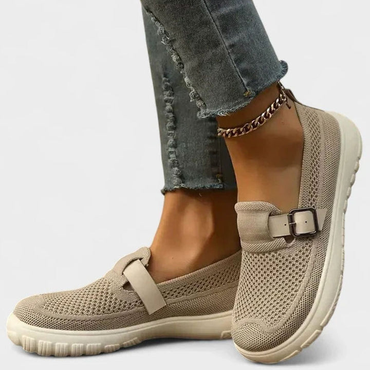 Women's Arch-Support Loafers Knit Slip-On Buckle Strap Flat Sneakers - Beige