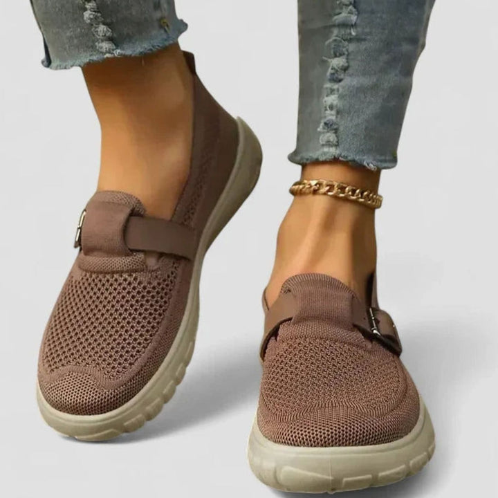 Women's Arch-Support Loafers Knit Slip-On Buckle Strap Flat Sneakers - Brown