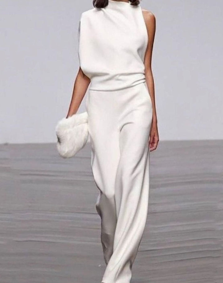 Women's Asymmetric One-Shoulder High-Neck Wide-Leg Jumpsuit - White