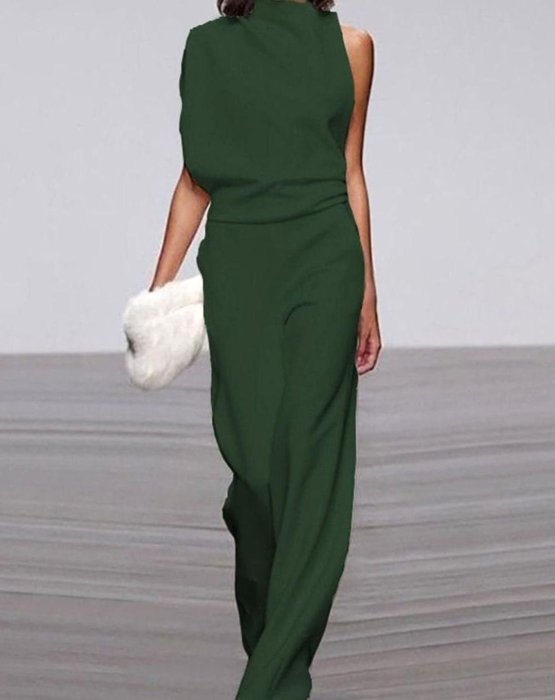 Women's Asymmetric One-Shoulder High-Neck Wide-Leg Jumpsuit - Green