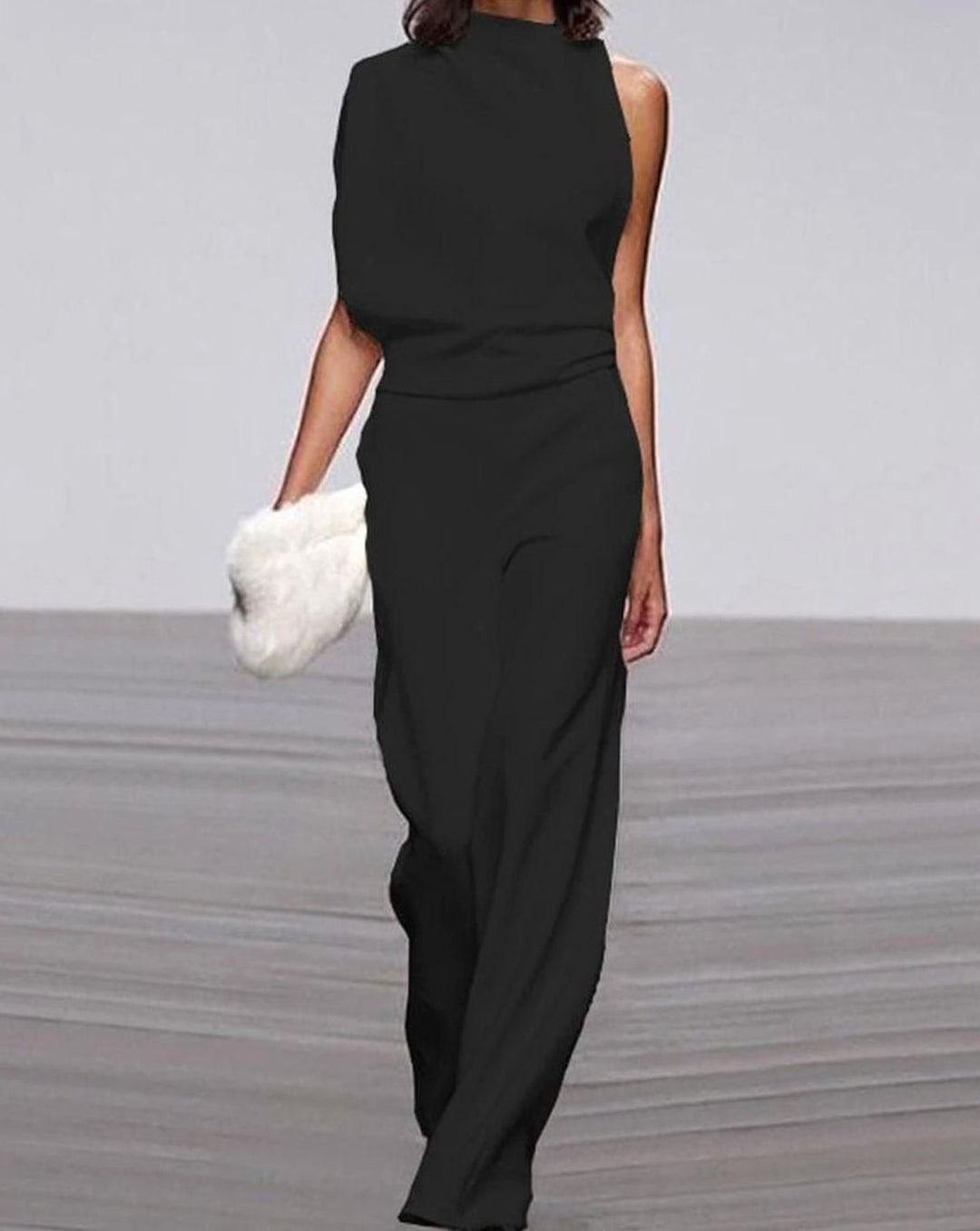 Women's Asymmetric One-Shoulder High-Neck Wide-Leg Jumpsuit - Black