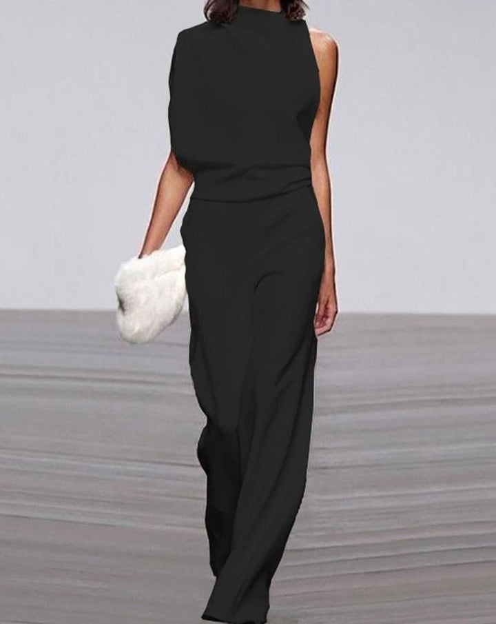 Women's Asymmetric One-Shoulder High-Neck Wide-Leg Jumpsuit - Black