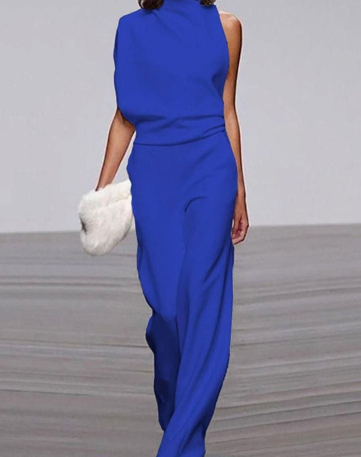 Women's Asymmetric One-Shoulder High-Neck Wide-Leg Jumpsuit - Blue