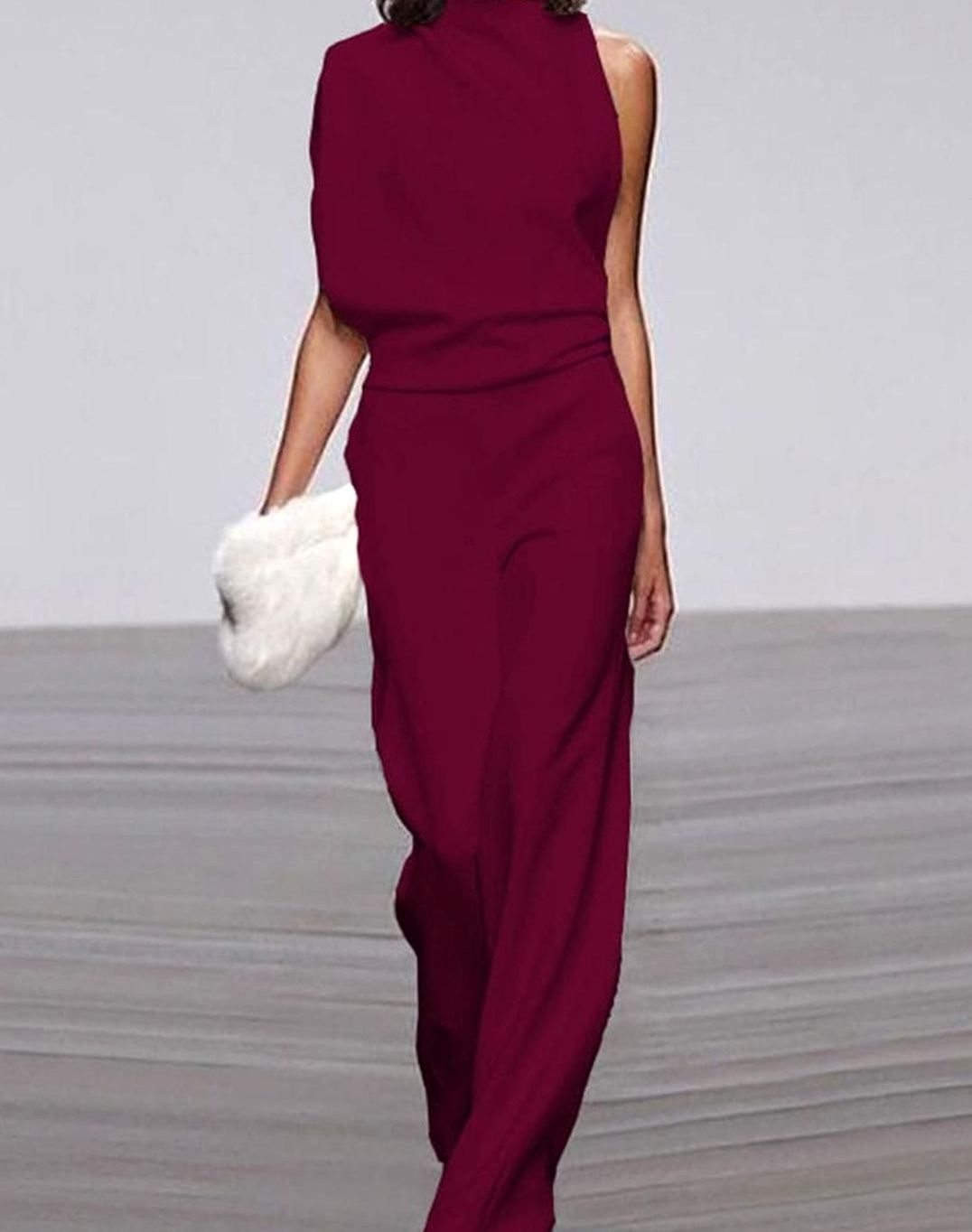 Women's Asymmetric One-Shoulder High-Neck Wide-Leg Jumpsuit - Dark Red