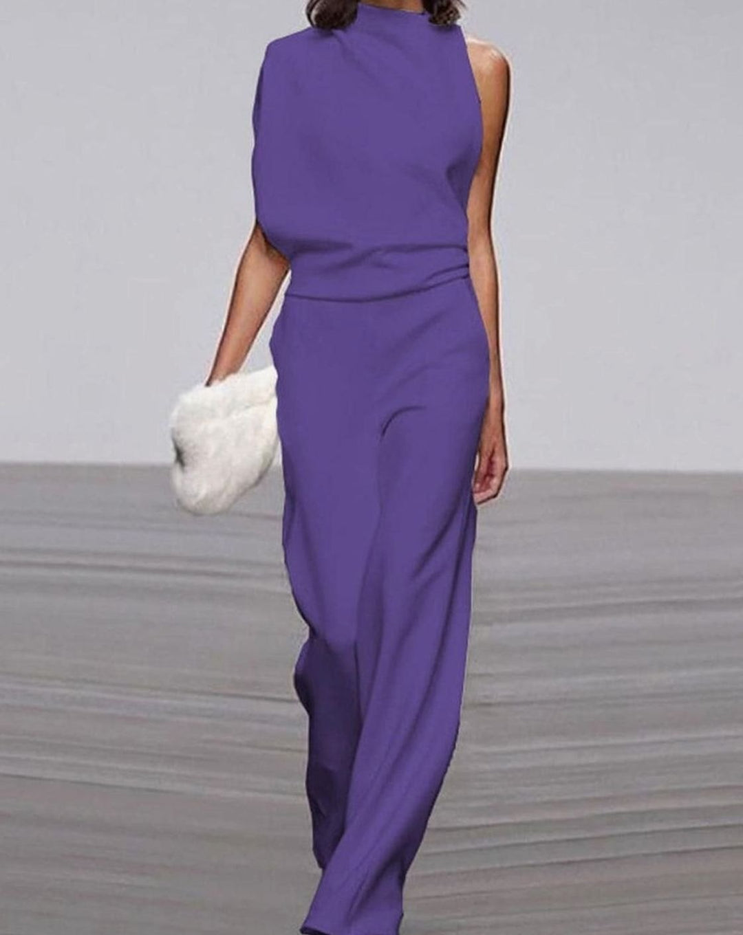 Women's Asymmetric One-Shoulder High-Neck Wide-Leg Jumpsuit - Purple