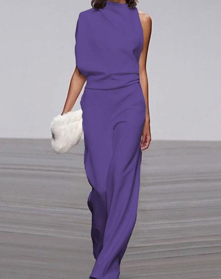 Women's Asymmetric One-Shoulder High-Neck Wide-Leg Jumpsuit - Purple